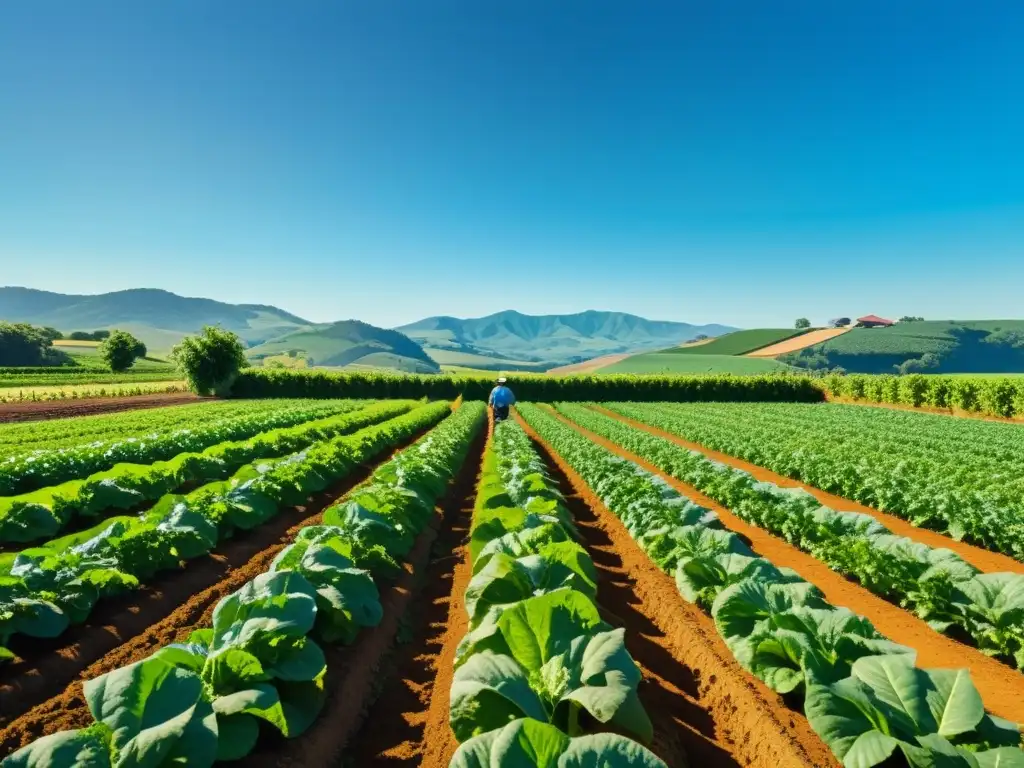 Una hermosa granja orgánica bañada por el sol, donde un agricultor cuida con dedicación los cultivos