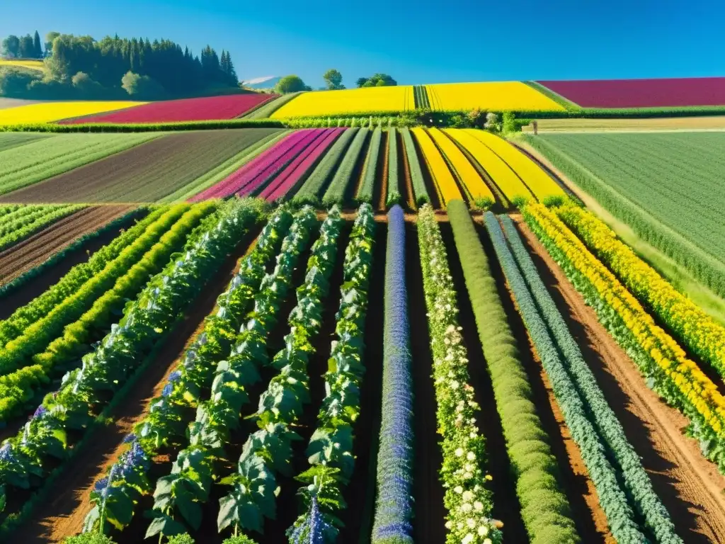 Una hermosa granja orgánica con cultivos exuberantes y flores vibrantes bajo el cálido sol