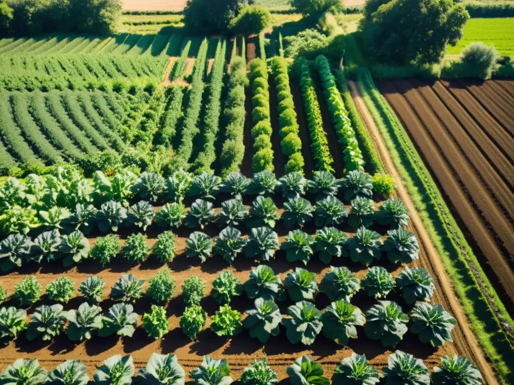 Una hermosa granja orgánica, con cultivos ordenados y un agricultor sostenible trabajando la tierra