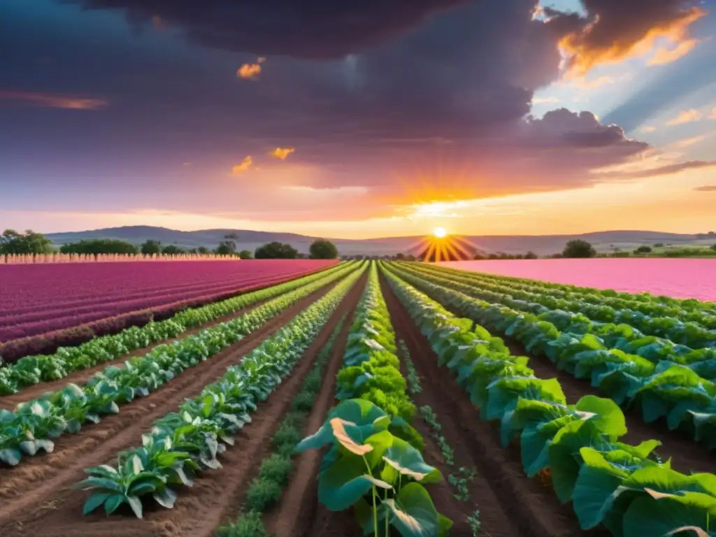 Una hermosa granja orgánica con filas ordenadas de cultivos bajo la cálida luz del atardecer