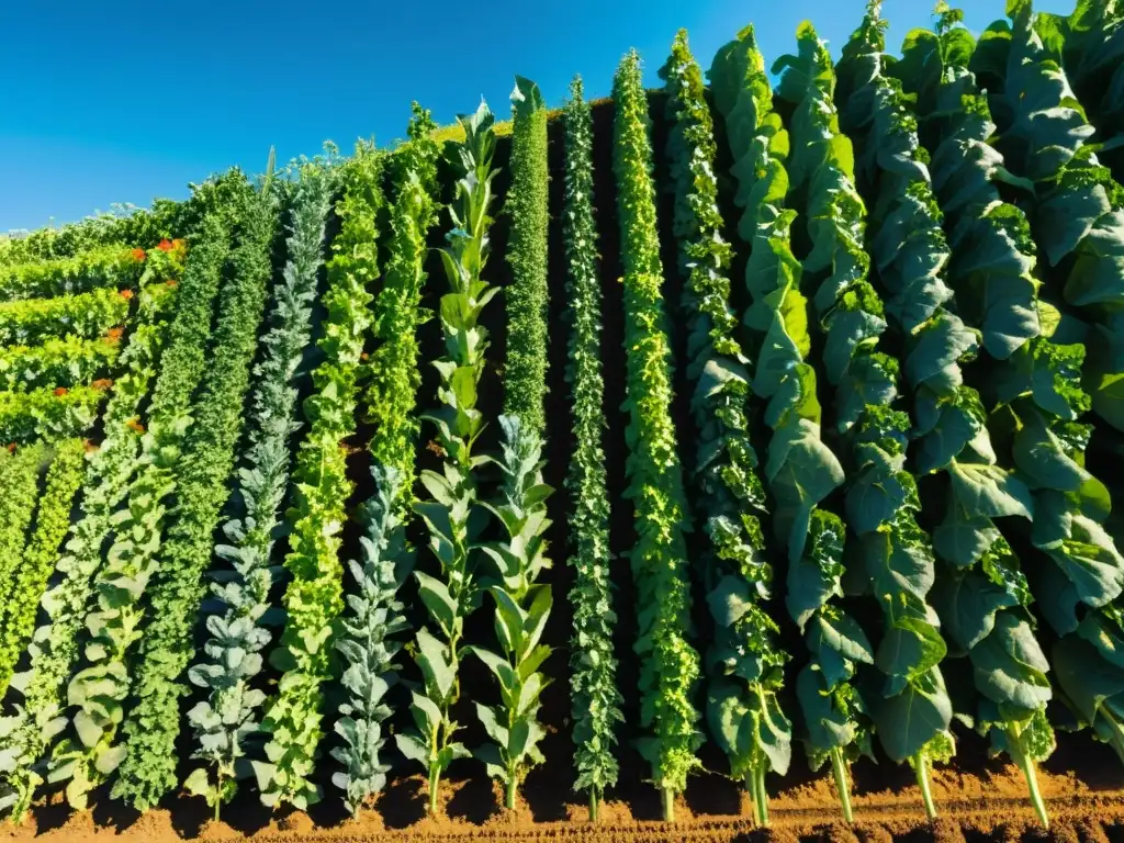 Una hermosa granja orgánica con hileras de coloridas verduras bañadas por el cálido sol