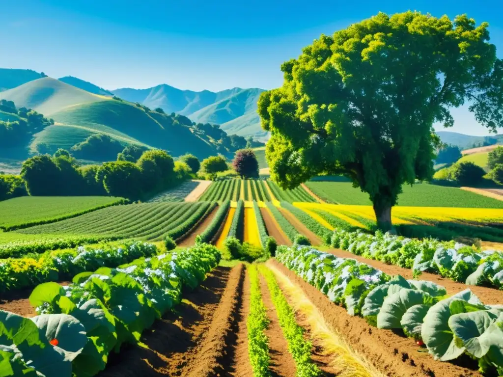 Una hermosa granja orgánica llena de vida y color, rodeada de naturaleza exuberante