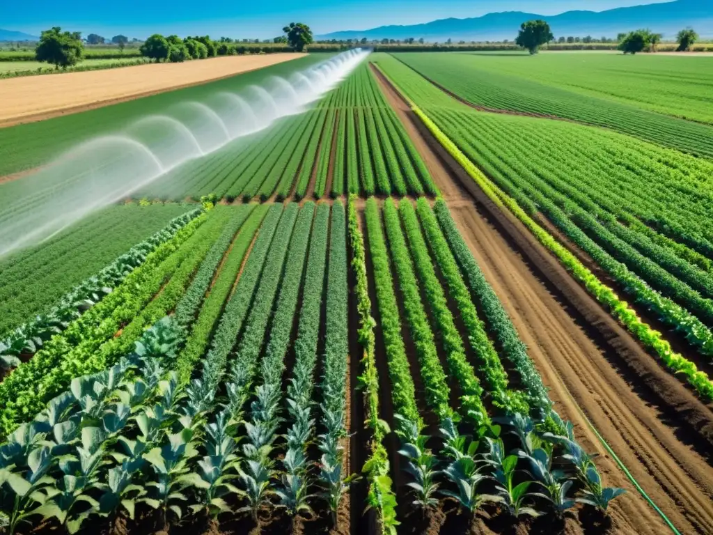 Una hermosa granja orgánica con métodos de riego sostenible, resaltando la vibrante vegetación y la efectividad de la agricultura orgánica