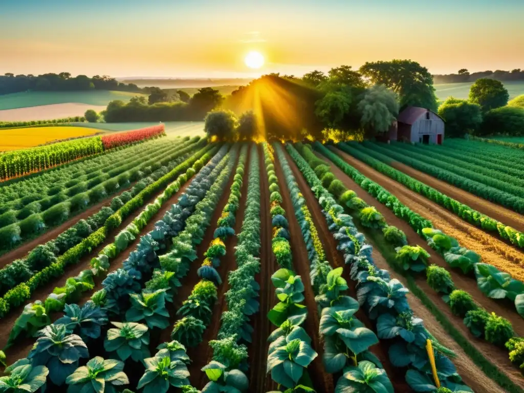 Una hermosa granja orgánica rebosante de frutas y verduras coloridas, bañada por el cálido resplandor dorado del sol