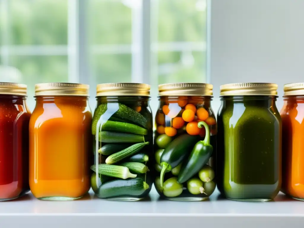 Conserva de vegetales orgánicos: colores vibrantes en frascos Una hermosa imagen de vegetales orgánicos en tarros de vidrio con solución salina