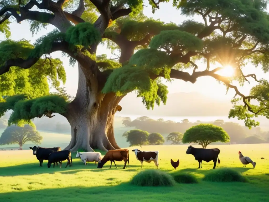 Hermosa integración de ganadería en permacultura con animales pastando en un prado verde bajo la cálida luz del atardecer