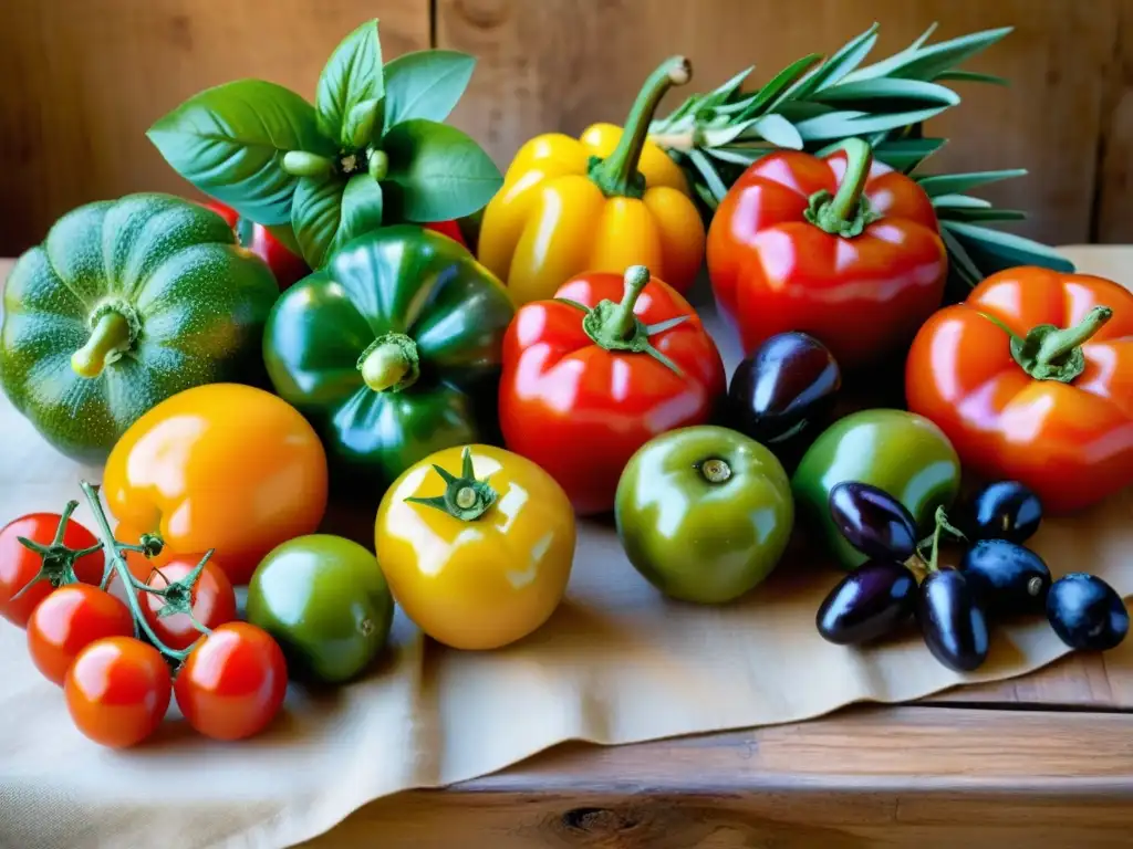 Una hermosa mesa rústica con frutas y verduras orgánicas mediterráneas, transmitiendo los beneficios de la dieta mediterránea orgánica