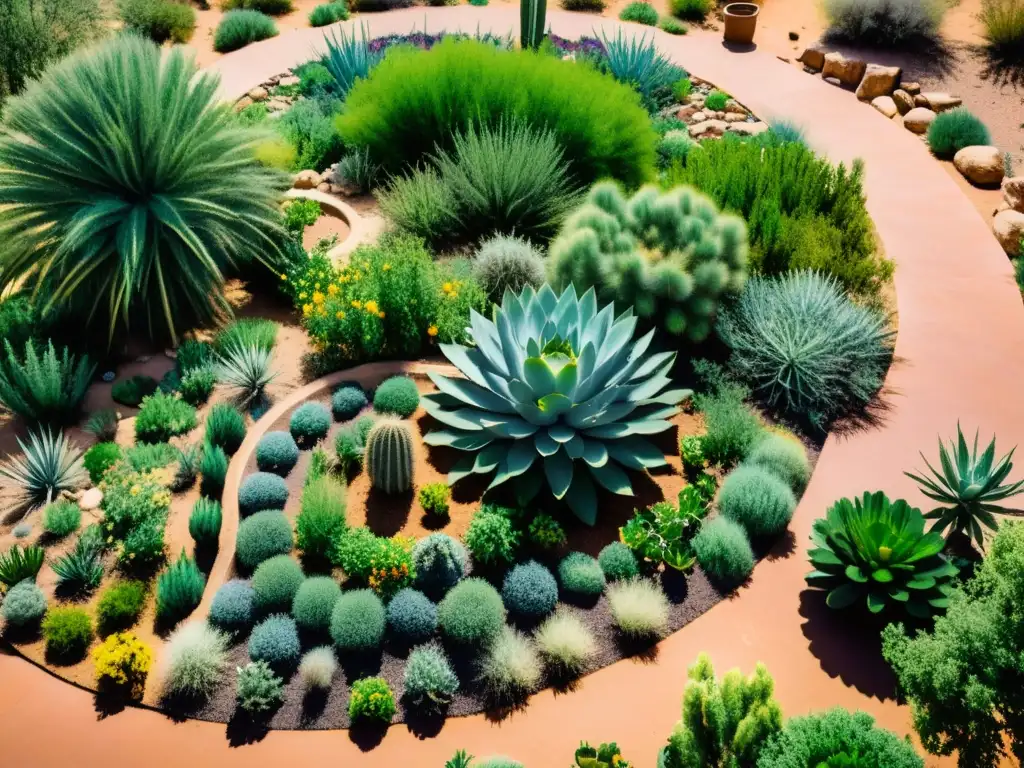 Una hermosa permacultura en zonas áridas, con jardín próspero, plantas resistentes a la sequía y sistemas de captación de agua eficientes