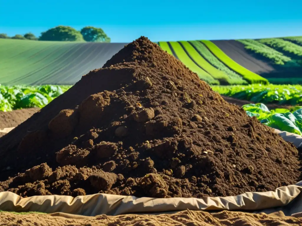 Una hermosa pila de compost en una granja orgánica, reflejando armonía y sostenibilidad