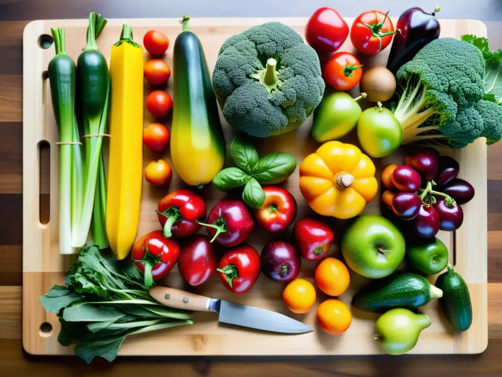 Una hermosa presentación de frutas y verduras orgánicas, colores vibrantes sobre tabla de madera