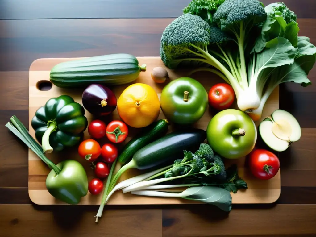 Una hermosa selección de alimentos orgánicos en dietas para pacientes con cáncer, con vibrantes frutas y verduras dispuestas en una tabla de cortar de madera, bañados por una suave luz natural