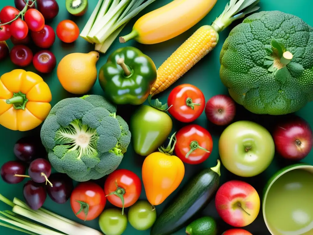 Una hermosa variedad de alimentos orgánicos en dieta baja, presentados con frescura y vitalidad en una composición minimalista y colorida