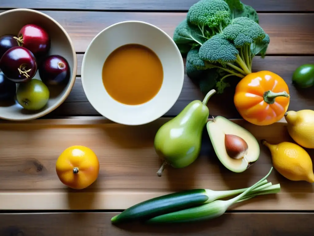 Una hermosa variedad de alimentos orgánicos recién cosechados dispuestos en una mesa rústica, irradiando vitalidad y calidez