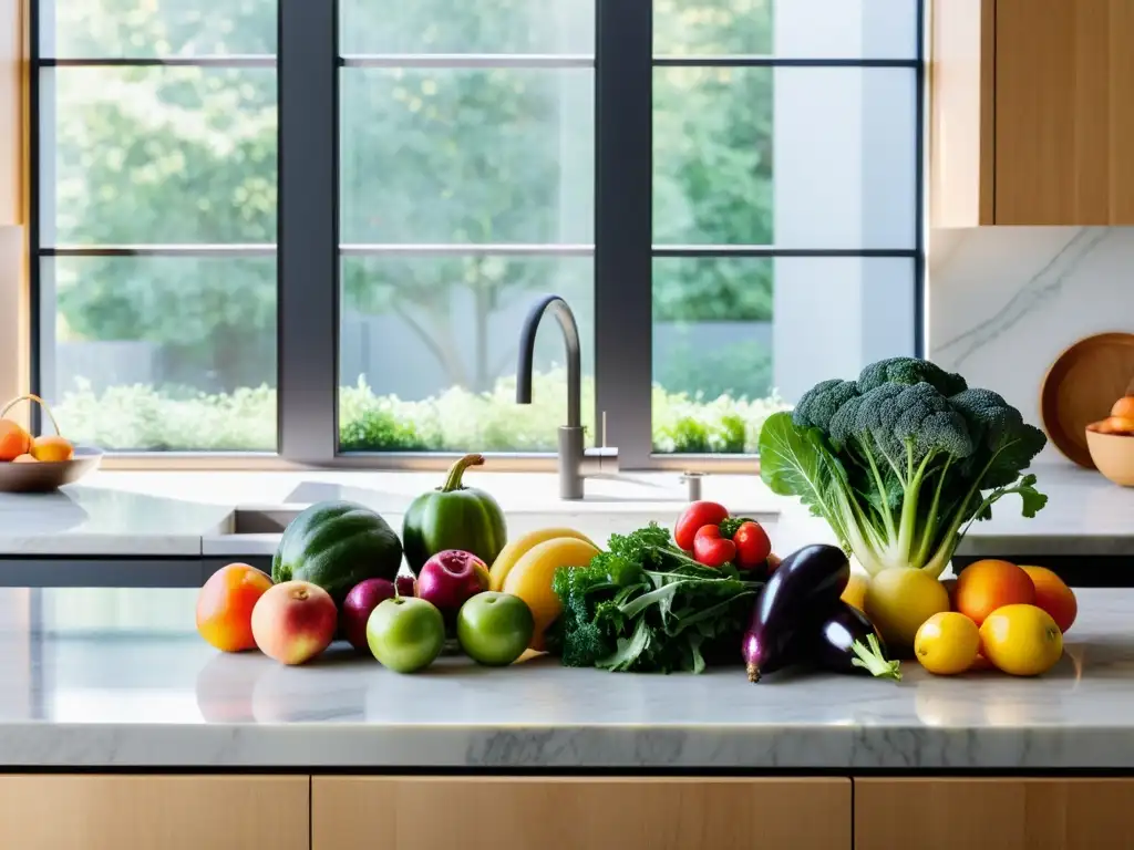 Una hermosa variedad de frutas y verduras orgánicas en una cocina minimalista, resaltando la frescura y belleza de los alimentos