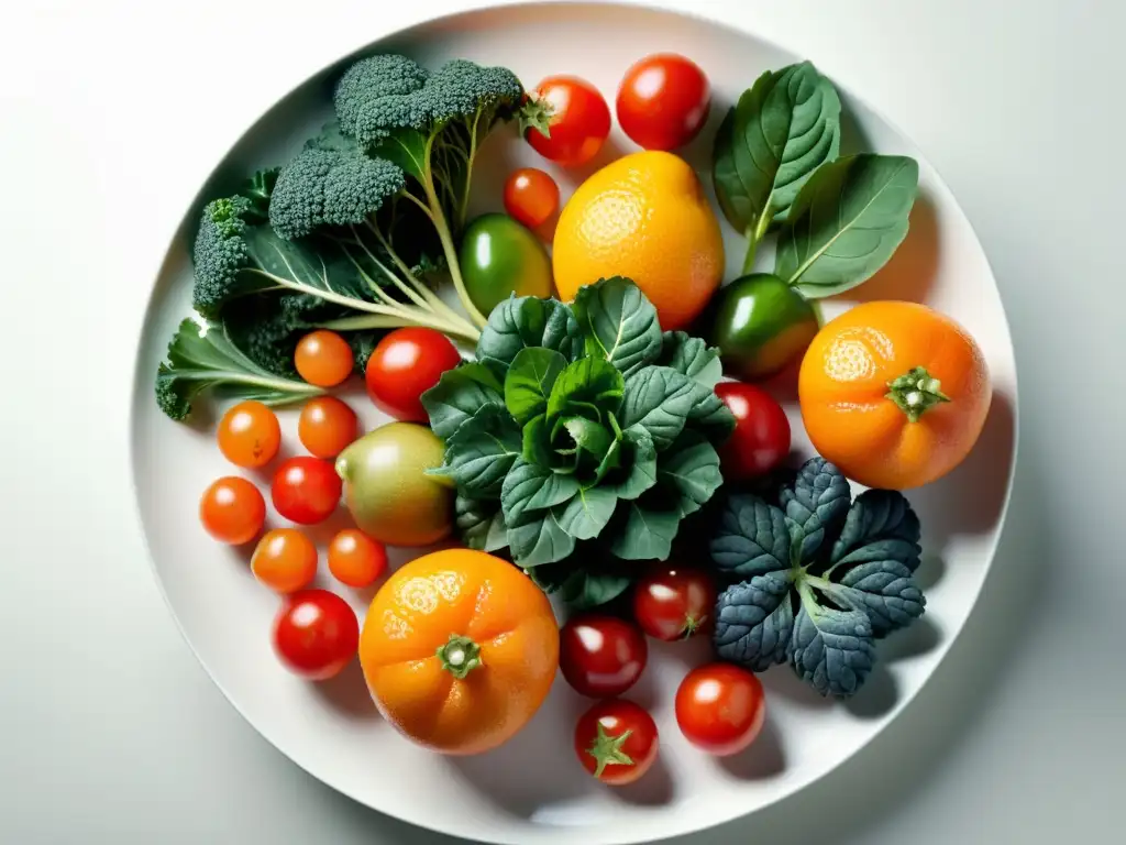 Una hermosa variedad de frutas y verduras orgánicas, como fresas, kale, naranjas y tomates, en un plato blanco