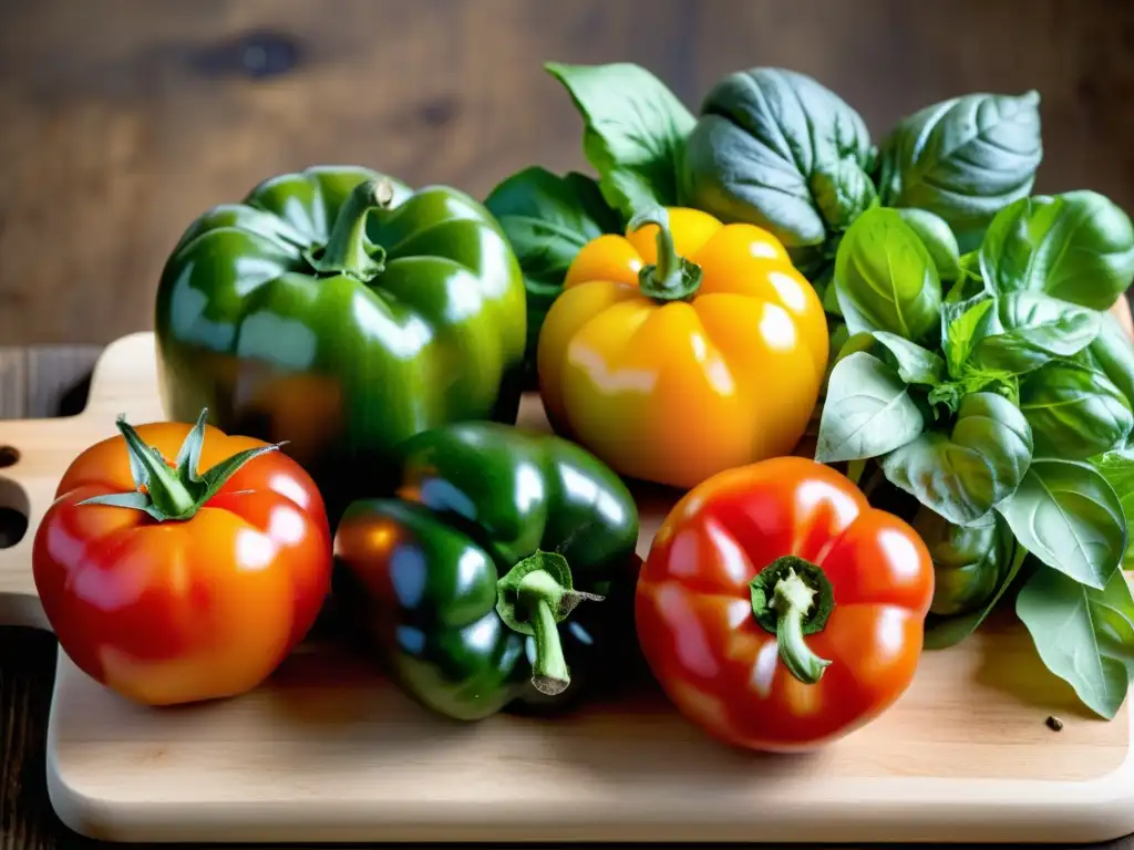 Una hermosa variedad de vegetales orgánicos recién cosechados, dispuestos en una tabla de cortar de madera