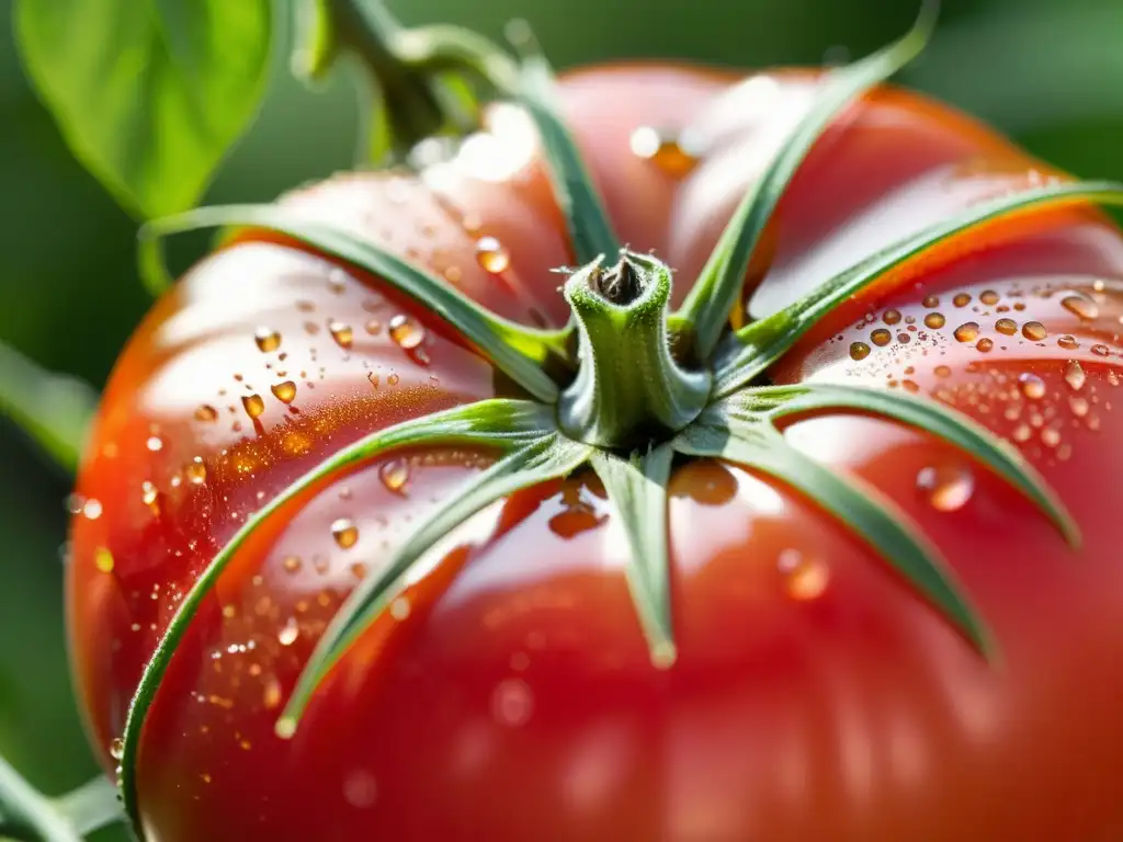 Una hermosa y vibrante tomate orgánico recién cosechado, con gotas de agua brillando bajo el sol