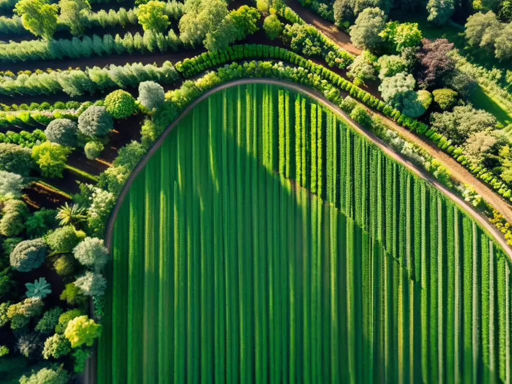 Una hermosa vista aérea de un sistema agroforestal vibrante, con cultivos diversos y árboles verdes