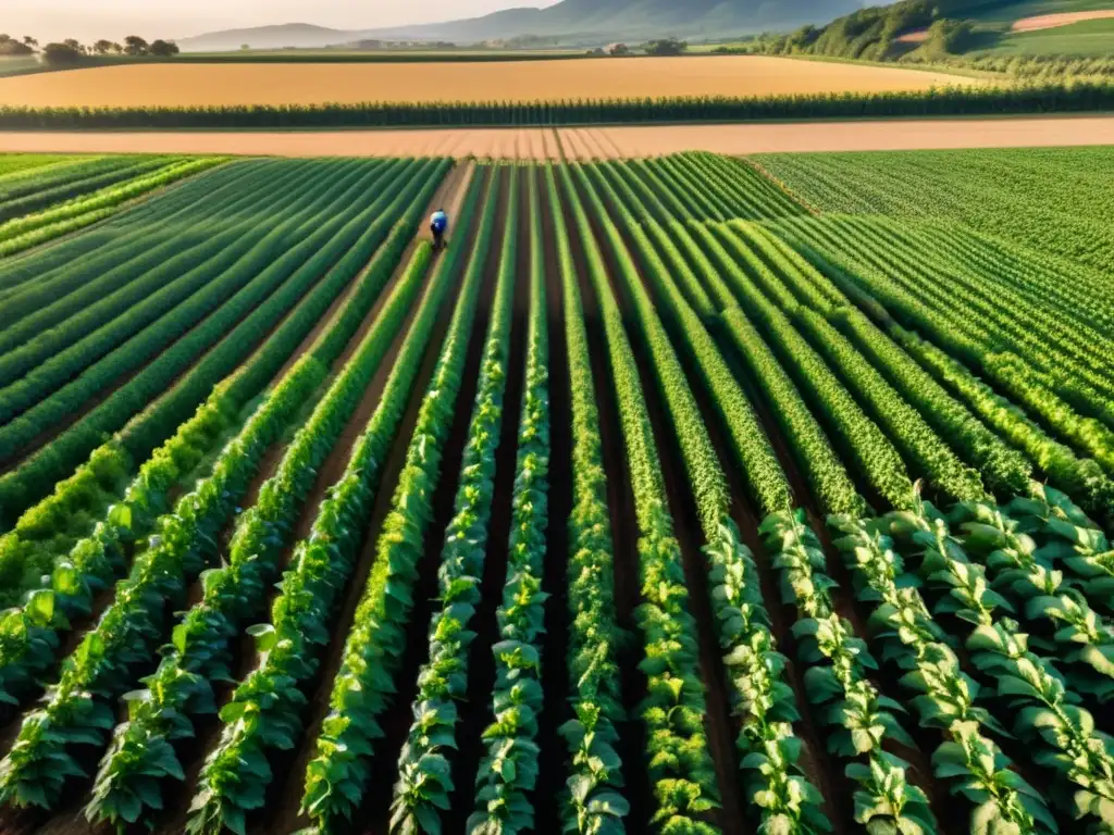 Un hermoso atardecer baña una granja orgánica con cultivos verdes