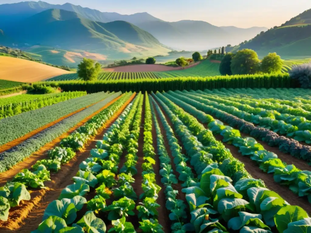 Un hermoso atardecer ilumina una granja orgánica con cultivos variados