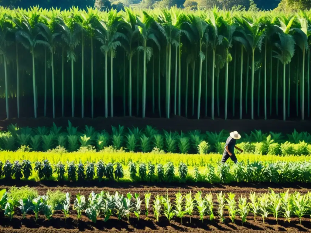 Un hermoso campo agroforestal con árboles frutales y cultivos, bañado por la luz del sol