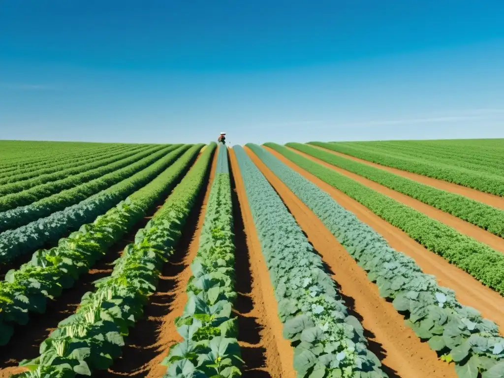 Un hermoso campo orgánico con cultivos y un agricultor usando biopesticidas