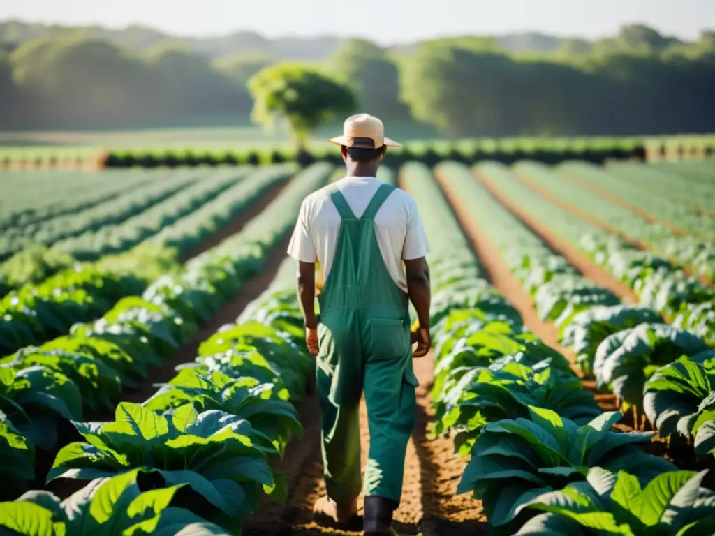 Un hermoso campo orgánico con cultivos ordenados y un agricultor cuidadoso, reflejando las técnicas de agricultura de conservación orgánica