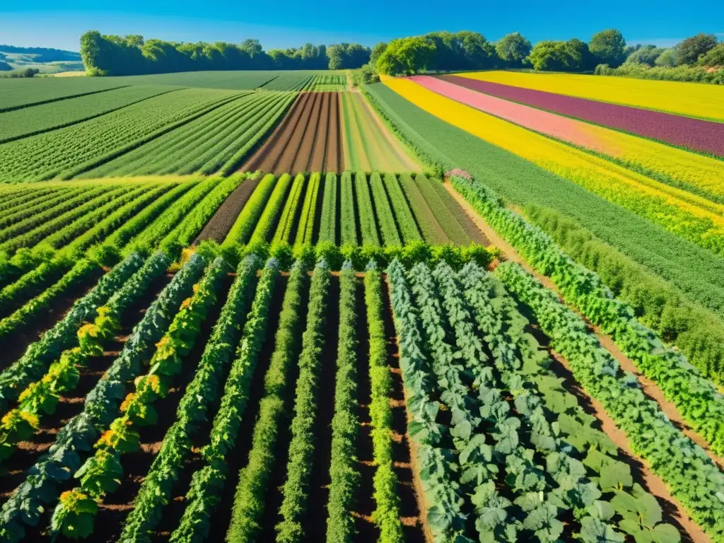 Un hermoso campo orgánico con filas de cultivos bajo el cielo azul, ampliando alcance alimentos orgánicos