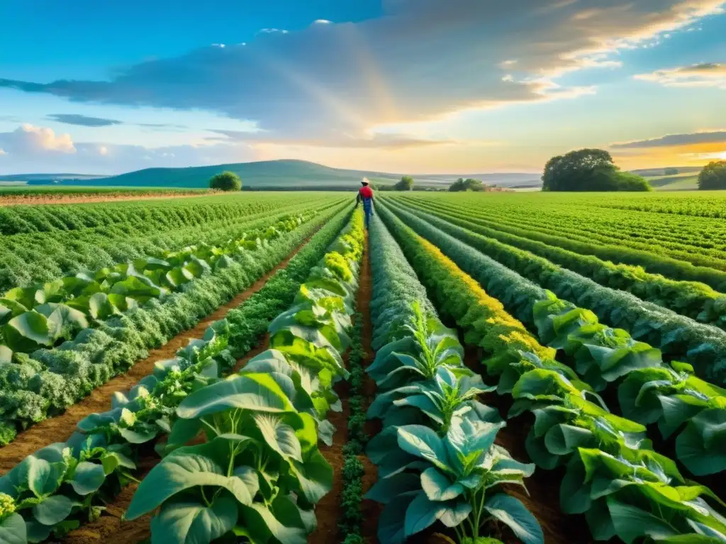 Un hermoso campo orgánico con filas de cultivos ordenados bajo la cálida luz dorada del atardecer