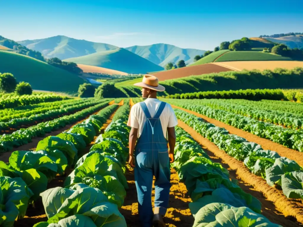 Un hermoso campo orgánico con frutas y verduras coloridas, bañado por el sol