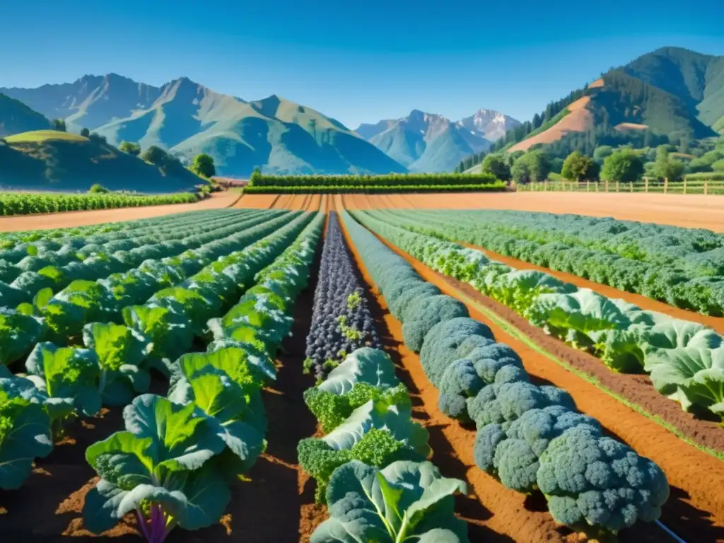 Un hermoso campo orgánico iluminado por el sol, con cultivos vibrantes y un sistema de riego