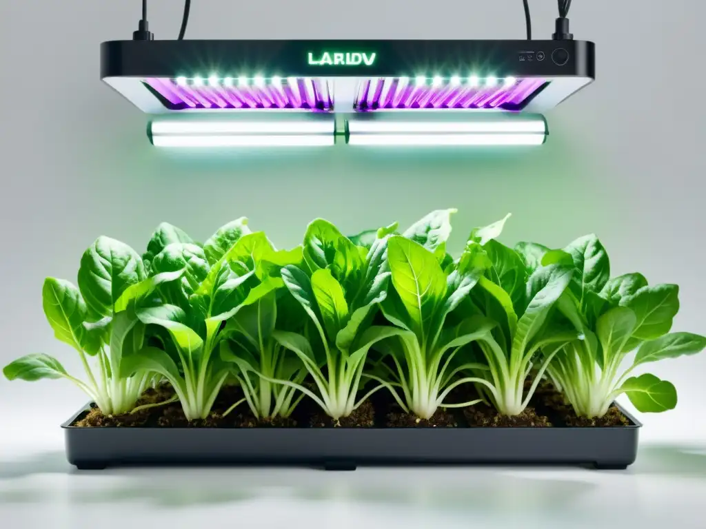 Hermoso cultivo hidropónico sin suelo con lechugas y hierbas vibrantes en filas ordenadas, iluminadas por suaves luces LED