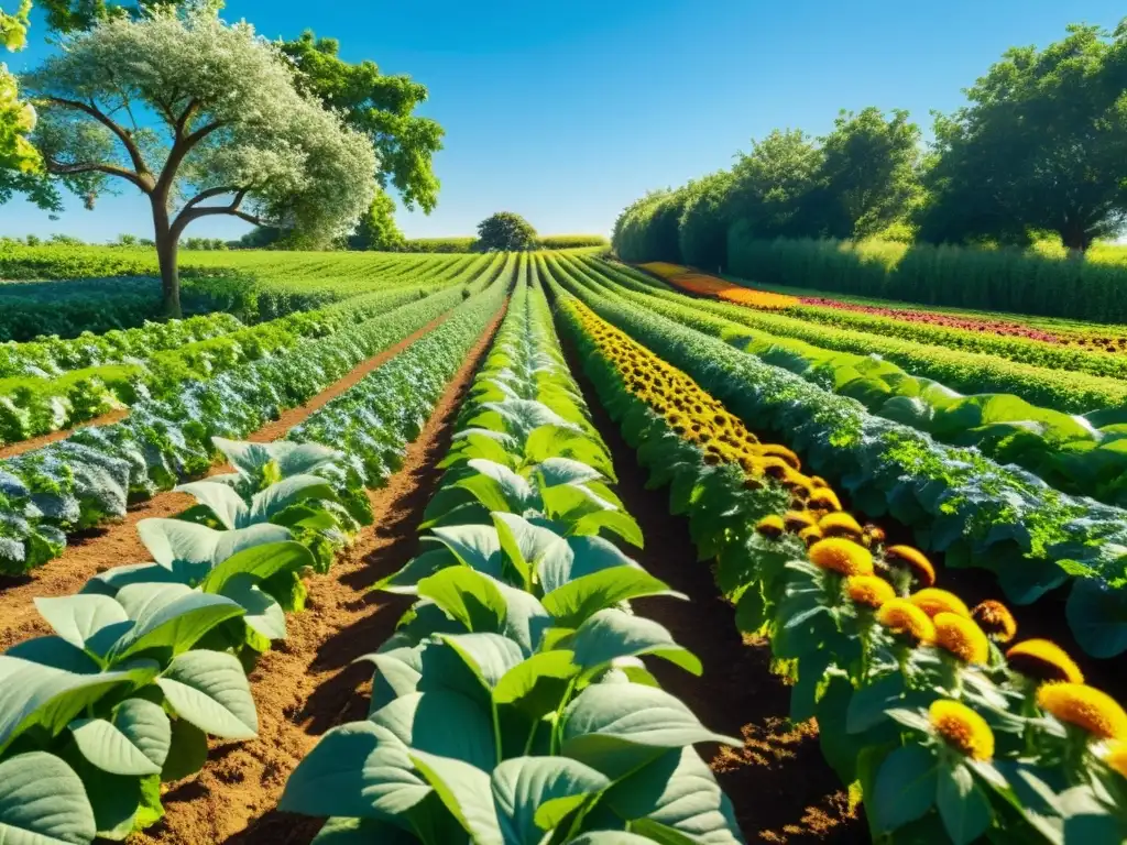 Un hermoso cultivo orgánico vibrante y exuberante con filas de plantas verdes bajo el cielo azul