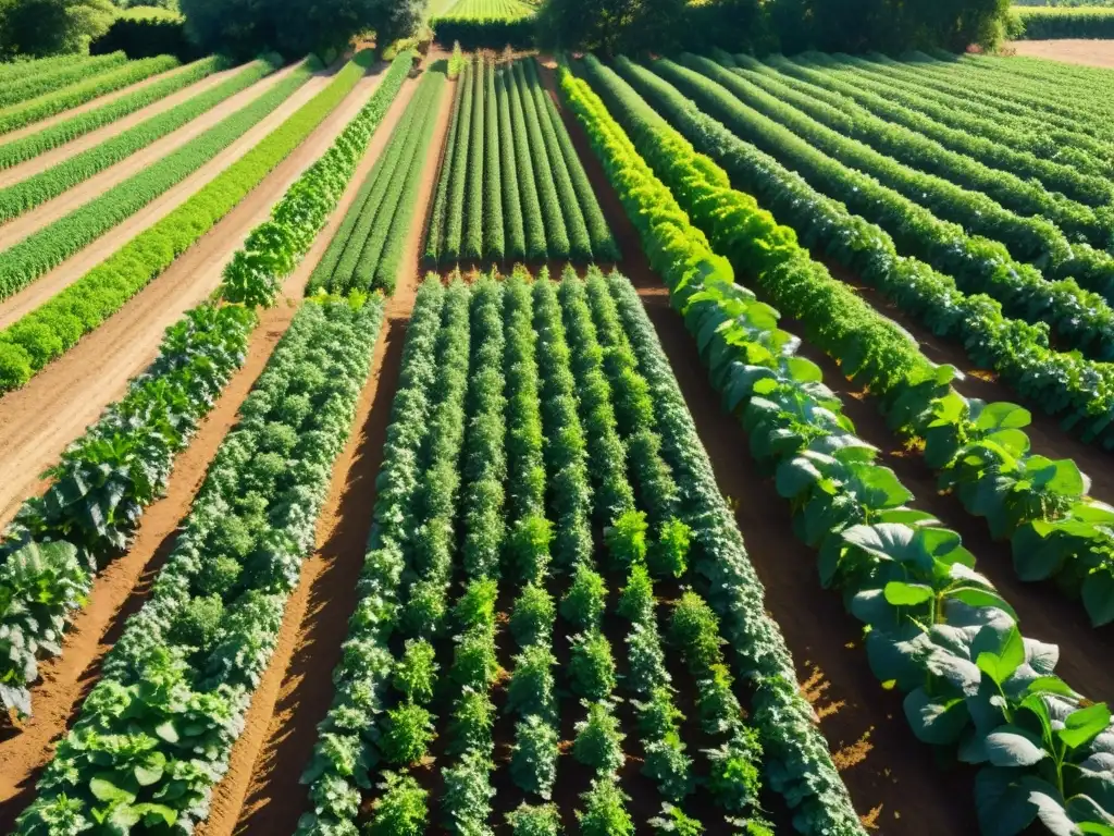 Un hermoso y exuberante campo orgánico con plantas verdes vibrantes extendiéndose hacia el horizonte