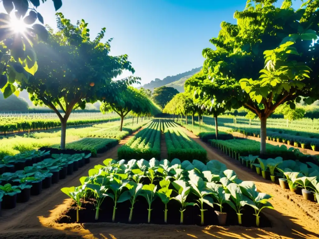 Un hermoso paisaje de agroforestería en permacultura orgánica, con árboles frutales y cultivos creciendo en armonía, bañados por la luz del sol