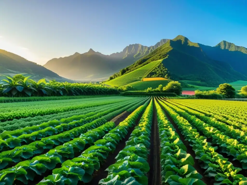 Un hermoso paisaje de una granja orgánica con cultivos ordenados y exuberantes, resplandeciendo bajo el sol