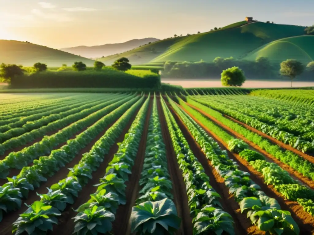 Un hermoso paisaje de una granja orgánica, con cultivos ordenados bañados por la cálida luz del sol