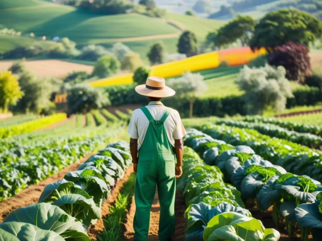 Un hermoso paisaje de granja orgánica con cultivos coloridos y un agricultor trabajando