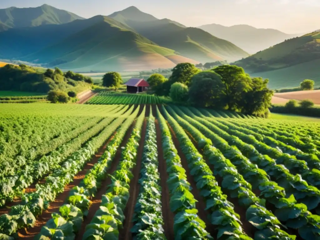 Un hermoso paisaje de una granja orgánica sostenible con cultivos ordenados, rodeada de colinas y montañas