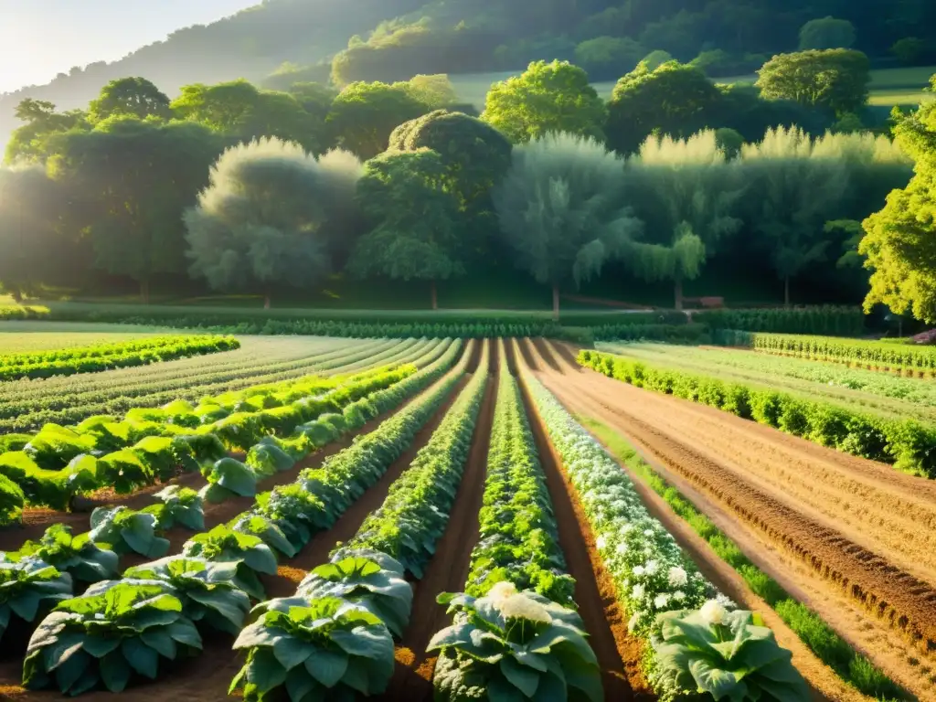 Un hermoso paisaje de una granja orgánica sostenible con filas ordenadas de vegetales y frutas