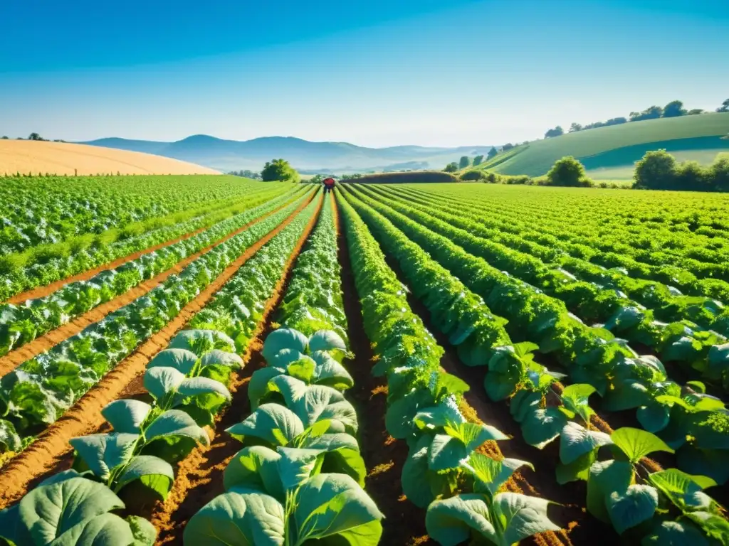 Un hermoso paisaje de una granja orgánica, con campos verdes y un agricultor cuidando las plantas