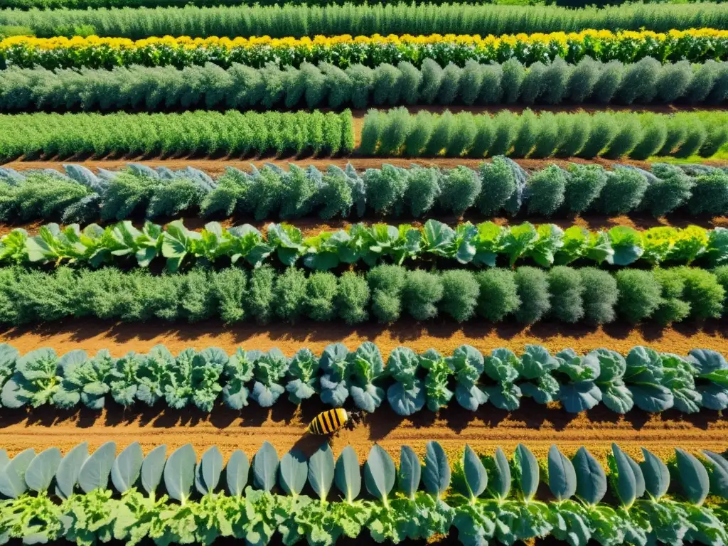 Un hermoso paisaje orgánico con verduras coloridas y abejas, evocando la prevención de enfermedades cardiovasculares con alimentos orgánicos