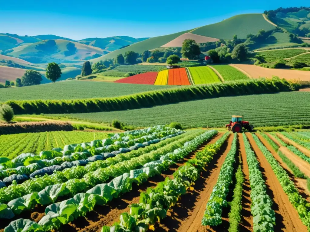 Un hermoso paisaje de un pequeño productor de alimentos orgánicos en armonía con la naturaleza y sus cultivos variados