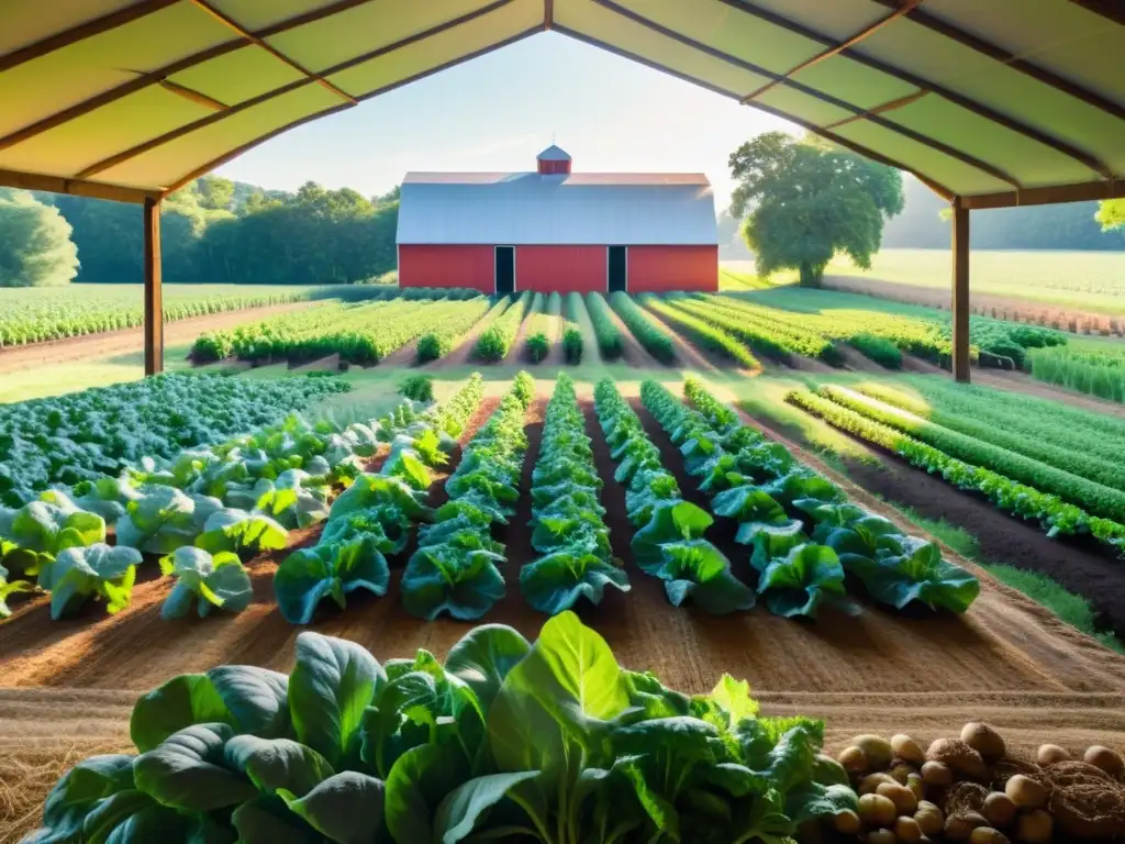 Un hermoso y sereno huerto orgánico con cultivos vibrantes y una cálida luz solar