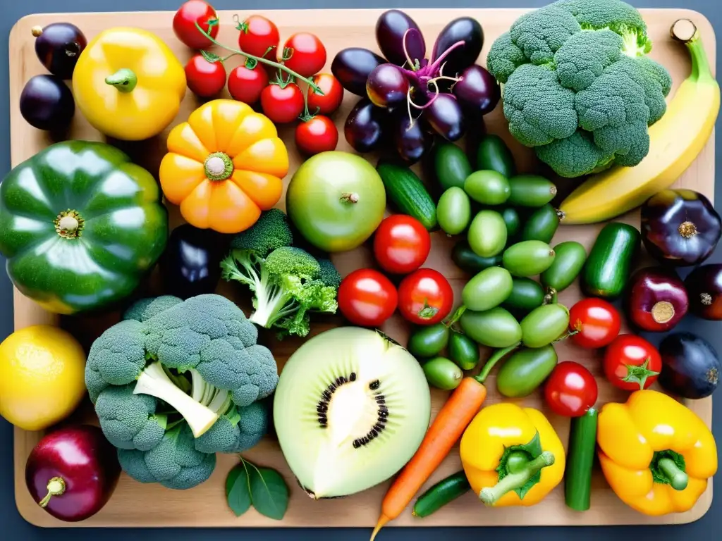 Un hermoso y vibrante arreglo de frutas y verduras orgánicas sobre tabla de cortar de madera