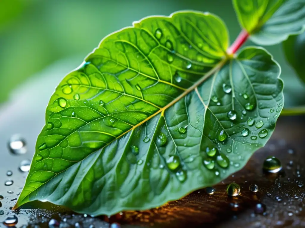 Una hoja de albahaca verde vibrante con gotas de agua brillantes al sol, exhibiendo sus intrincadas venas