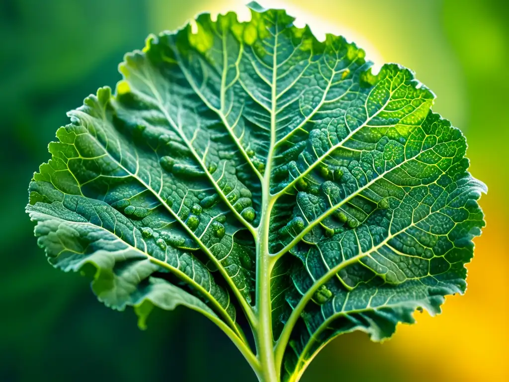 Una hoja de col rizada recién cosechada y vibrante, con venas verdes detalladas y gotas de agua brillantes