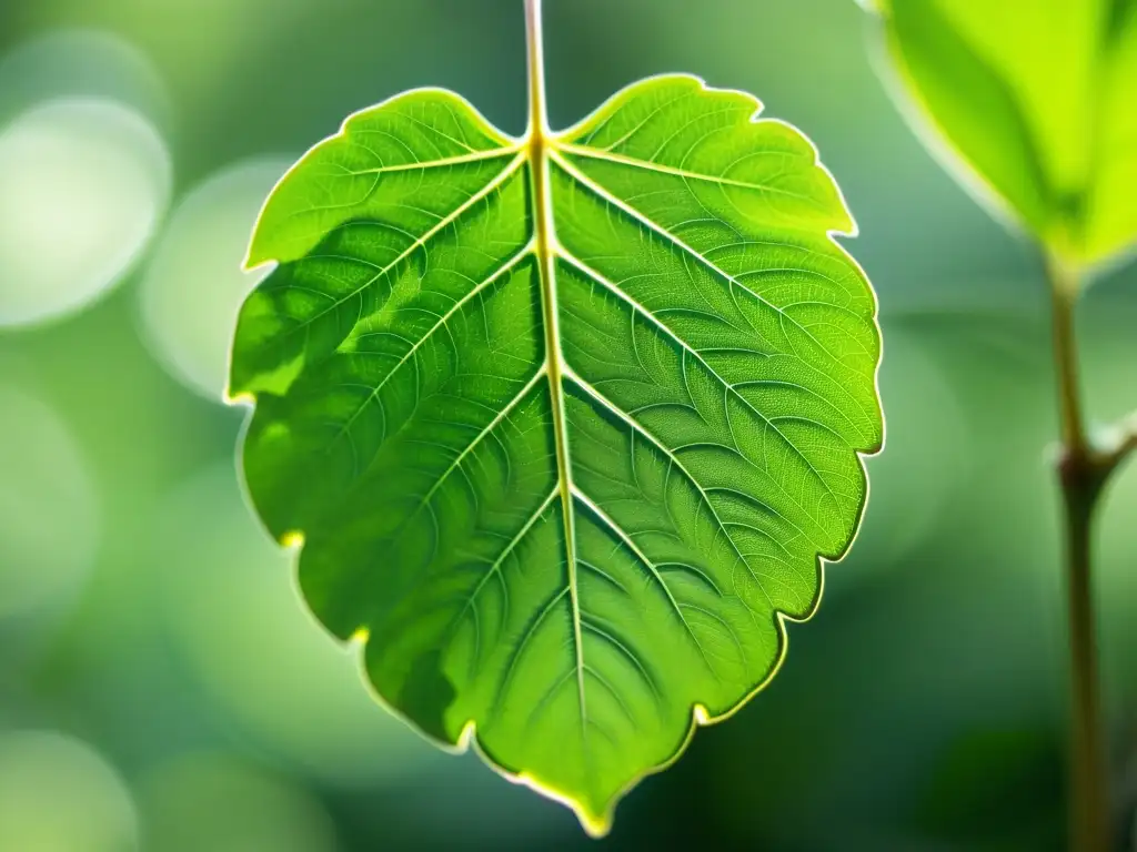 Una hoja de moringa orgánica, con intrincadas venas verdes y luz solar filtrada, resalta los beneficios de la moringa para la salud