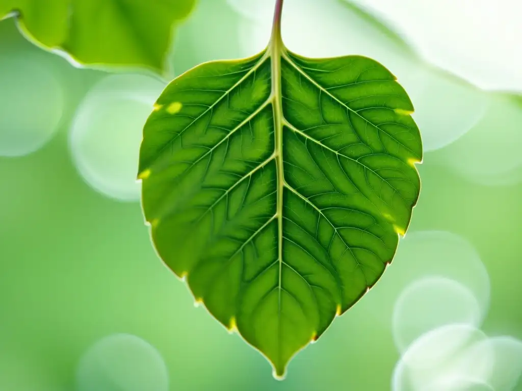 Una hoja de moringa orgánica en primer plano, con detalles nítidos y gotas de agua, bañada por la luz natural