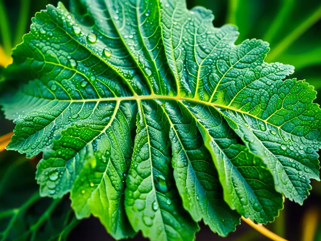 Una hoja de col rizada verde vibrante con gotas de agua, detalladas venas y un fondo suave